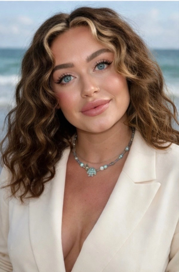 Photo of woman with beach as a back drop she has curly hair and a white blazer jacket this is her bio photo she is a make up artist in key west