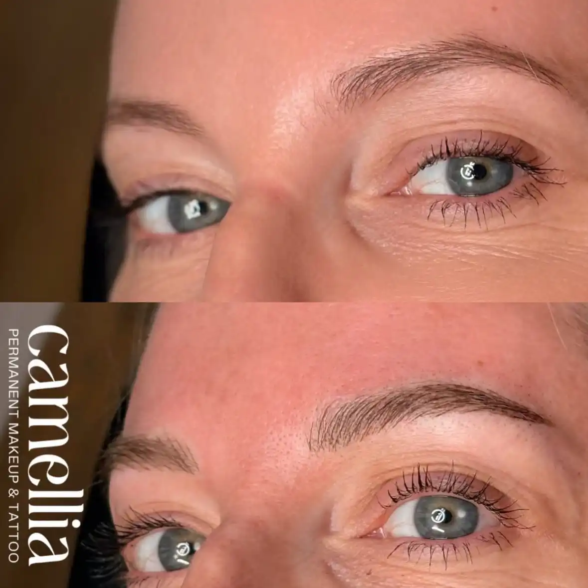 key west permanent make up artist showing client with before and after eyebrow microblading work